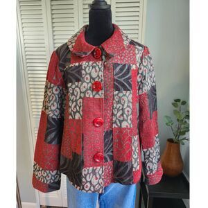 Travel Collection Patchwork Tapestry Jacket Red Black Embroidered Button Front M